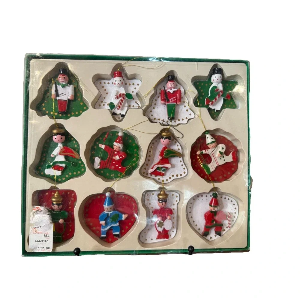 Vintage Christmas 12 Wooden Ornaments Hand Made Hand Painted 3-4